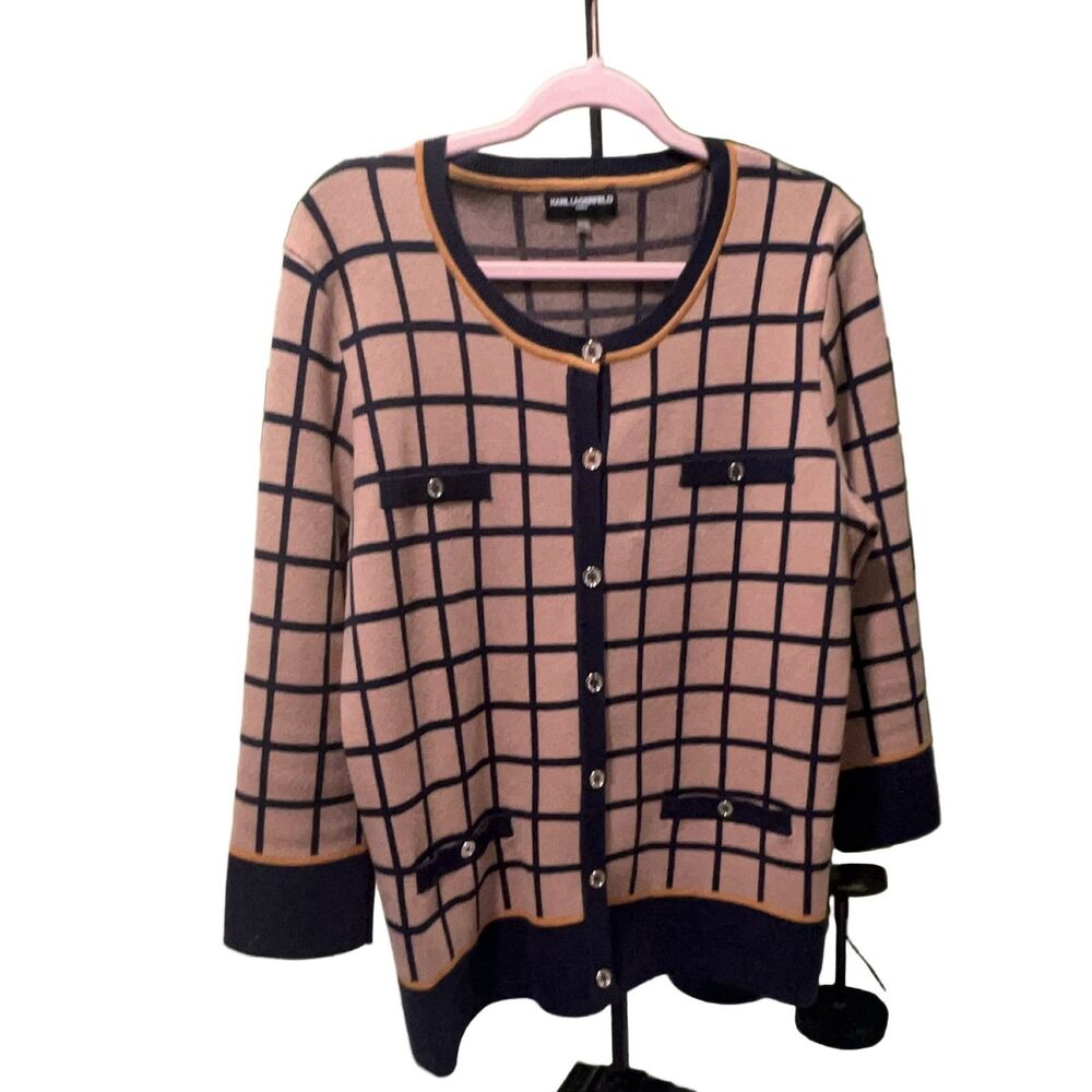 Karl Lagerfeld Grid Pattern Cardigan Sweater Women's XL Pink Navy Blue 3/4